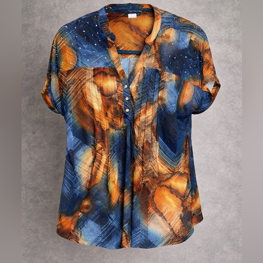 Cocomo Abstract Blue & Bronze Embellished V-Neck Blouse 1X